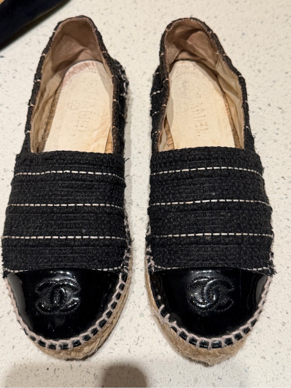 CHANEL Black Tweed Espadrilles with Patent CC Cap Toe